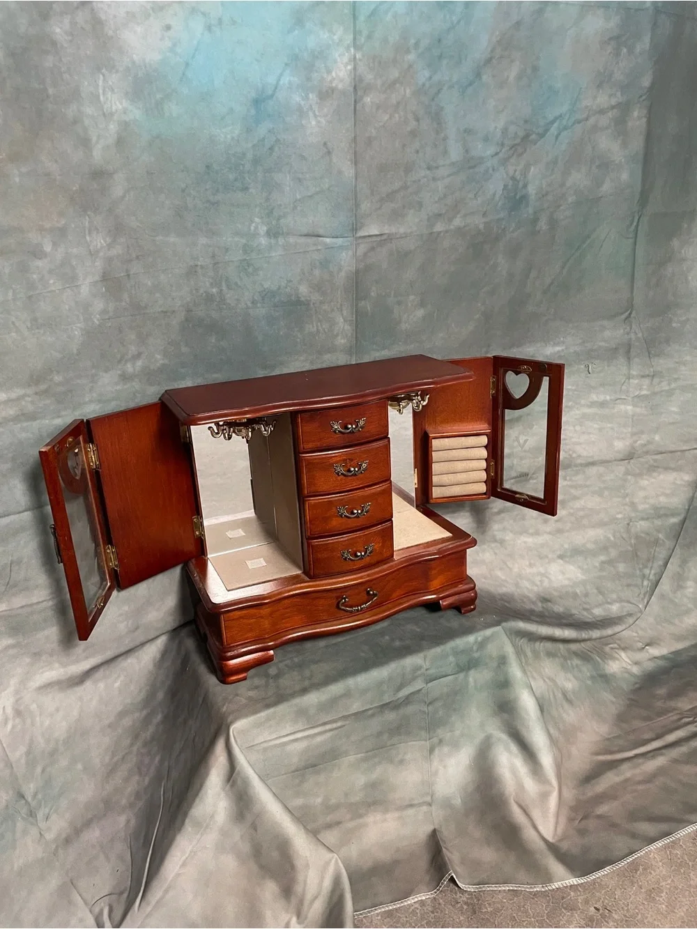 Wooden Jewelry Box with Mirror and Ring Holder - Brown